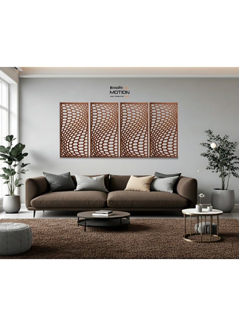 أكويستك موشان لوحات جدارية خشبية من خشب MDF من ACOUSTIC MOTION®، تصميم HIVORA مع شريط لاصق مزدوج الوجه، ديكور جداري بني عصري للمنزل، غرفة المعيشة، غرفة النوم، المكتب والفندق، 25×50×0.5 سم، طقم من 4 قطع - Image 3